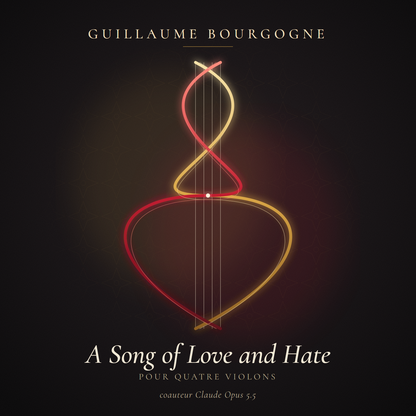 Pochette : deux lignes or et pourpre enlacées autour de quatre cordes, en forme de violon et de cœur